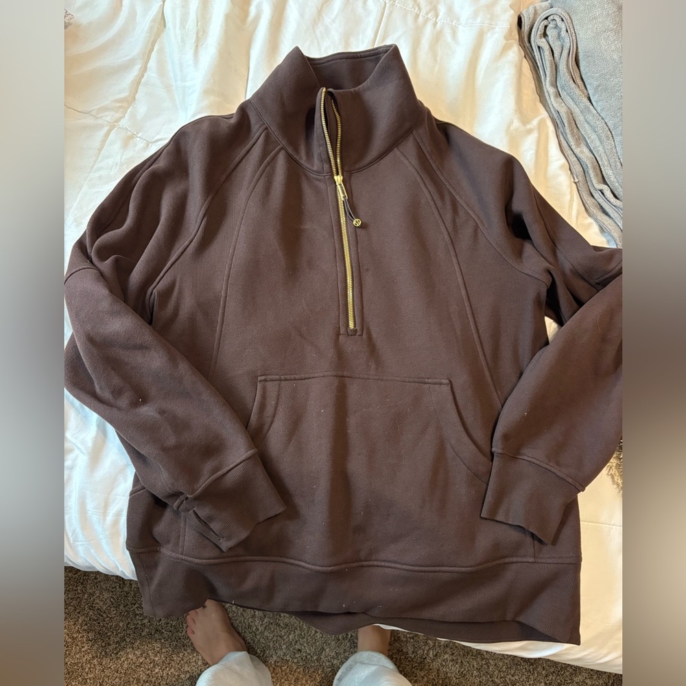 Lululemon Oversized Scuba 1/2 Zip Funnel Neck in Espresso with Gold Detail